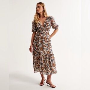 Abercrombie & Fitch Floaty Plunge Midi Dress / Light Brown Floral size XL new